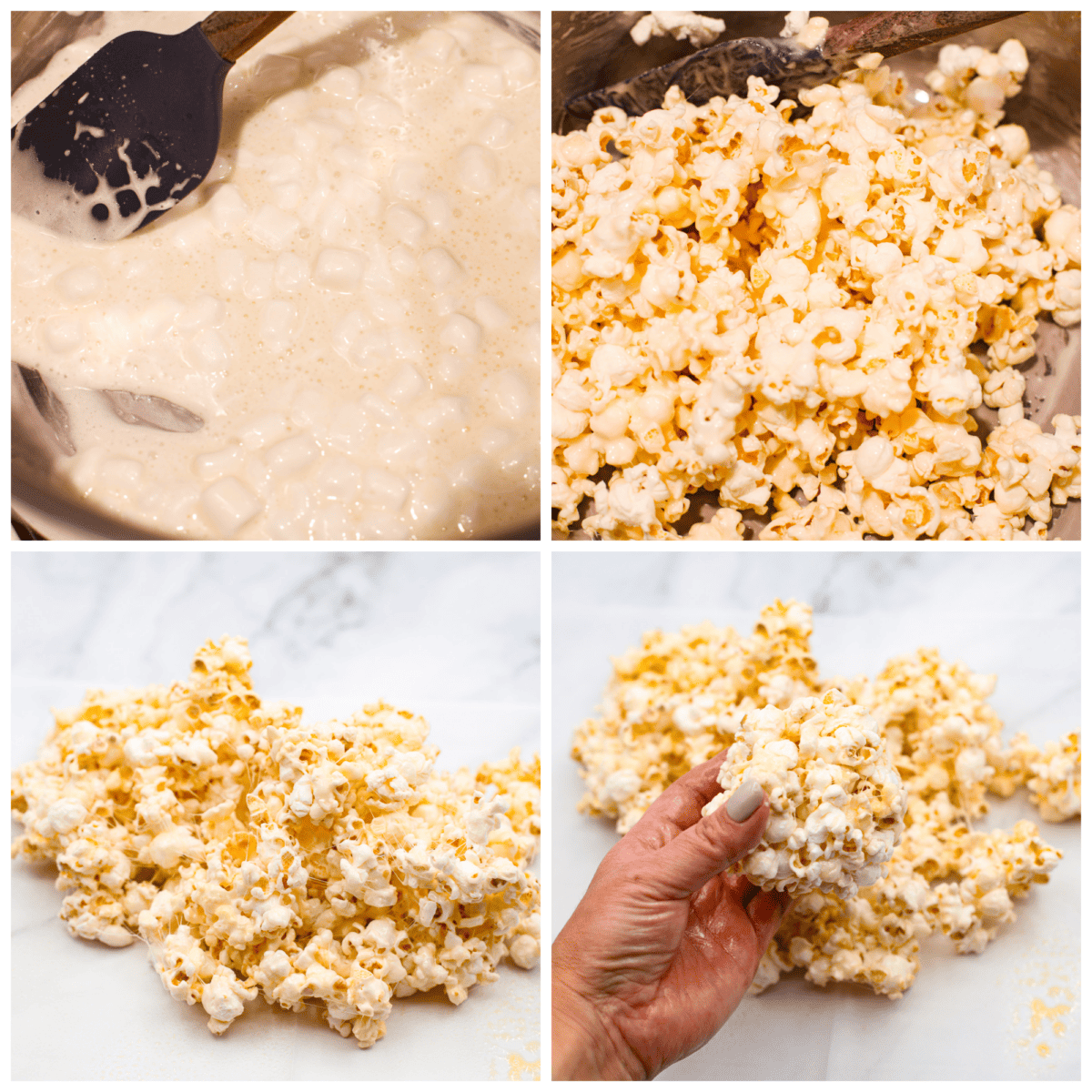 4-photo collage of the popcorn balls being formed.