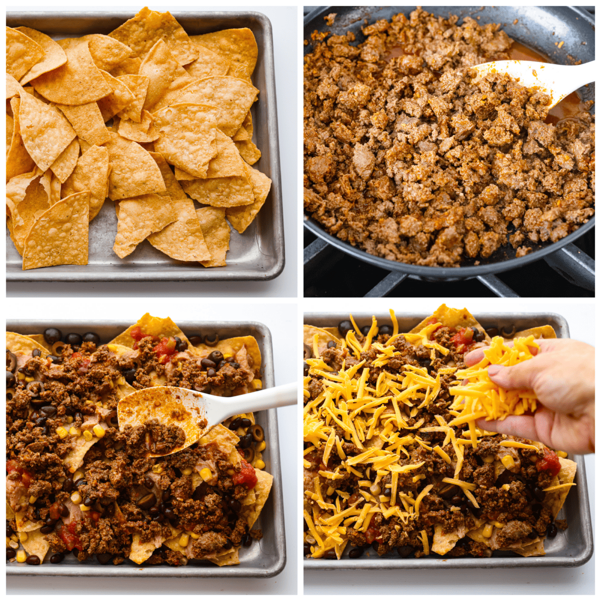 4 pictures showing how to make and assemble sheet pan nachos. 