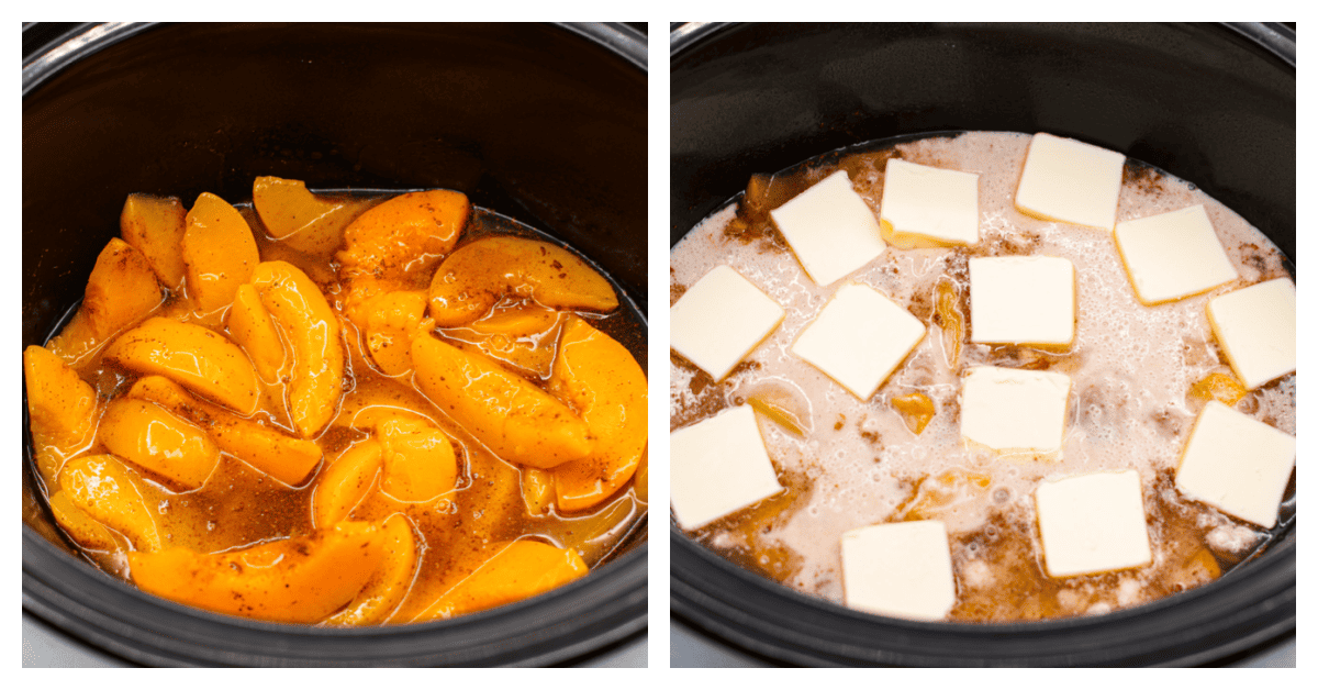 2 pictures showing peach cobbler in a slow cooker, ready to be cooked. 