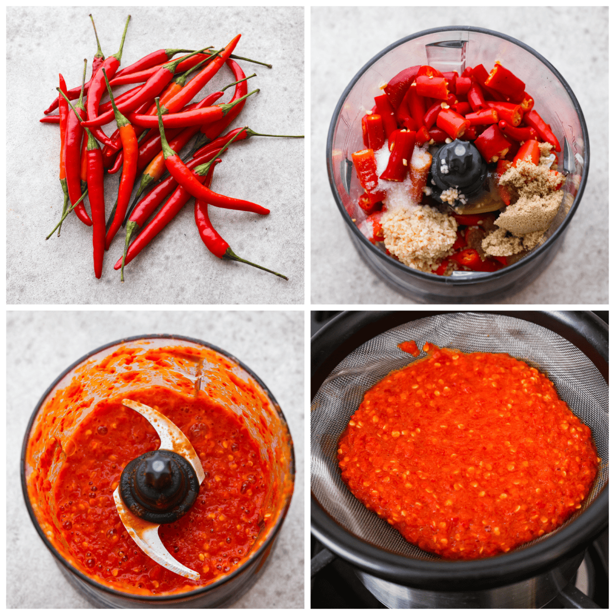 4-photo collage of the sauce ingredients being blended together.