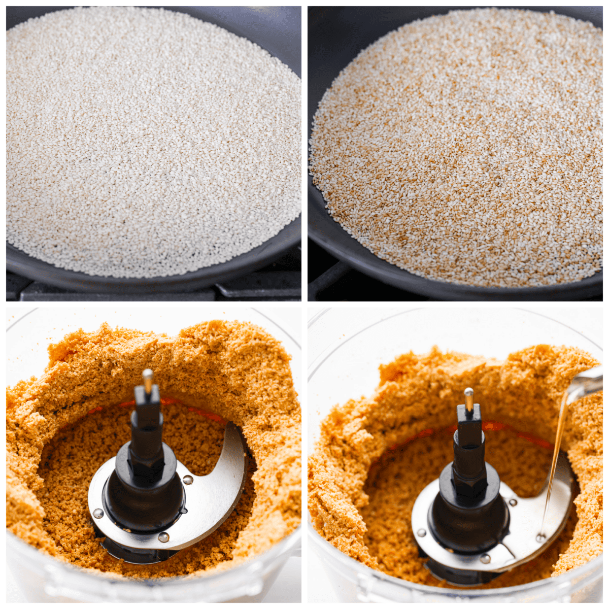 First process shot of sesame seeds in a skillet. Second process shot of toasted sesame seeds in a skillet. Third process photo of sesame seeds ground in a food processor. Fourth process shot of oil being added to the food processor.