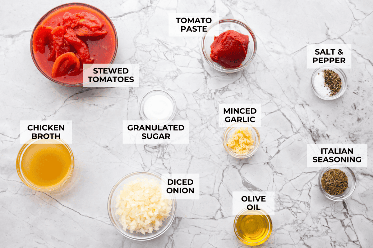 Overhead shot of labeled ingredients. 