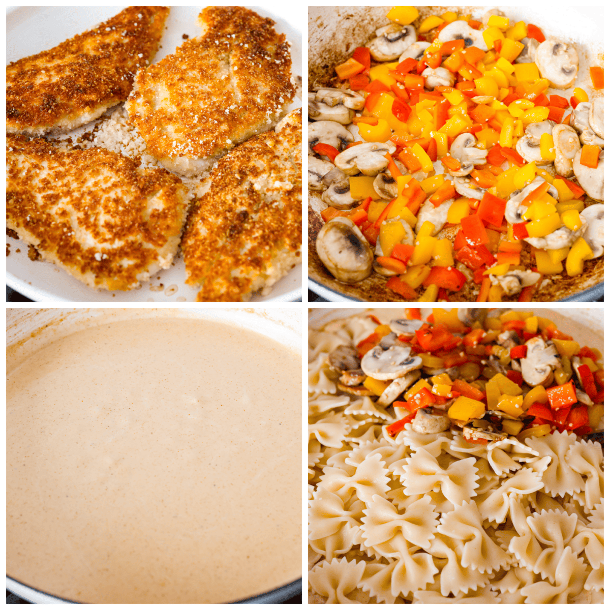 4-photo collage of the chicken, sauteed veggies, sauce, and pasta all being combined.