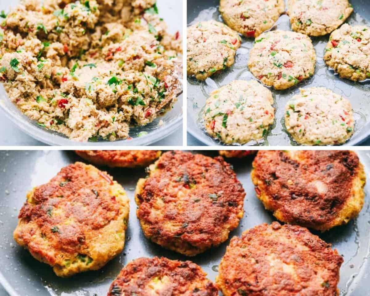 A collage of the prepping process of the croquettes before and after cooking. 