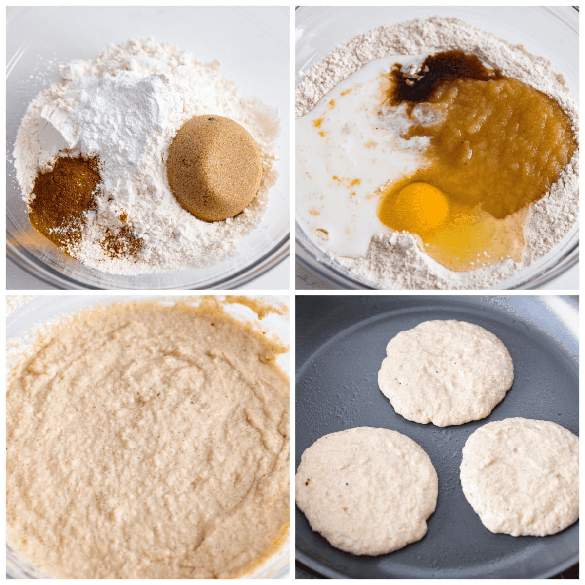 First photo of dry ingredients in a bowl. Second photo of wet ingredients added to the dry ingredients. Third photo of applesauce pancake batter in a bowl. Fourth photo of applesauce pancakes cooking in a skillet.