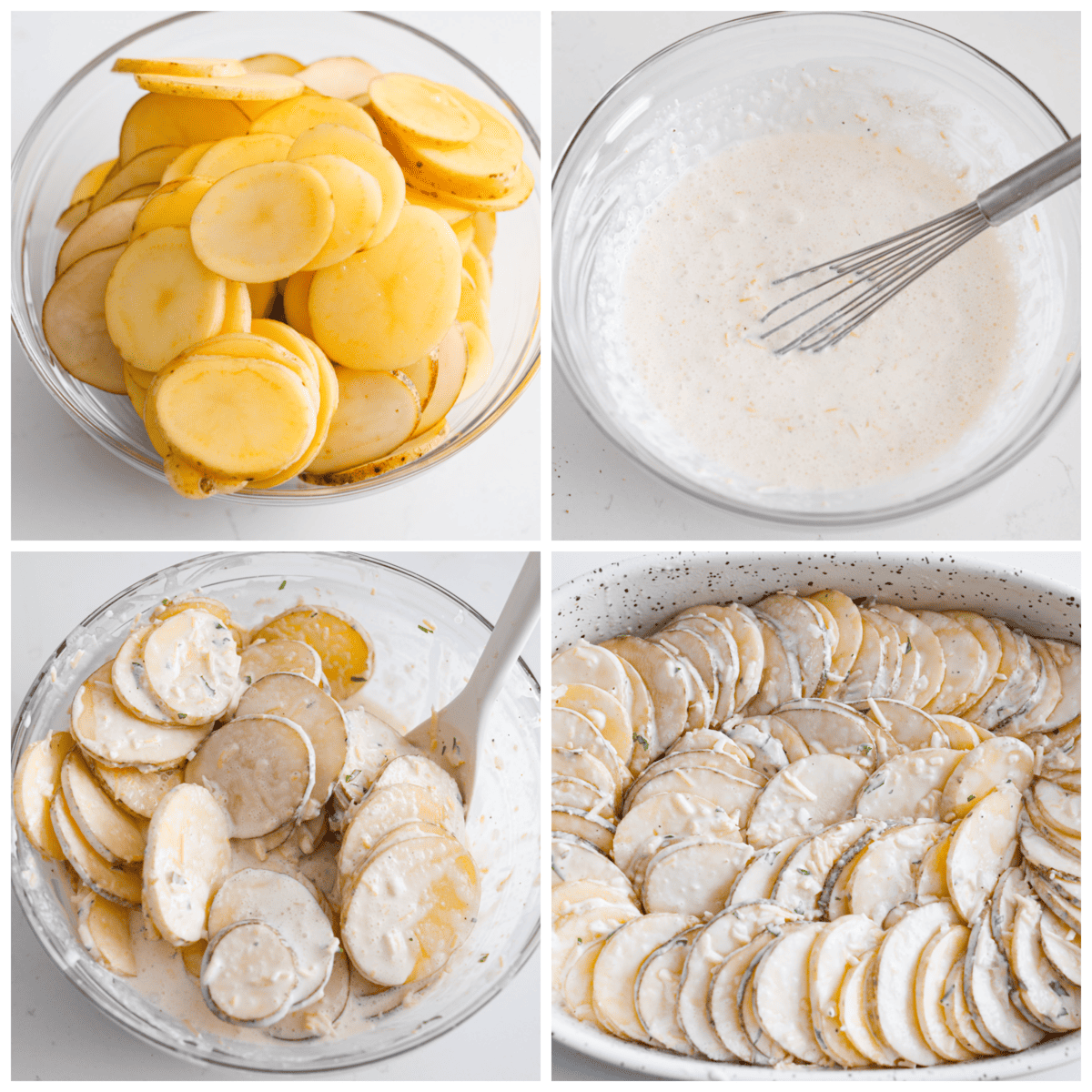 First process photo of sliced potatoes in a bowl. Second process photo of sauce in a bowl. Third process photo of sauce mixed with potato slices. Fourth process photo of potatoes layered in a baking dish.