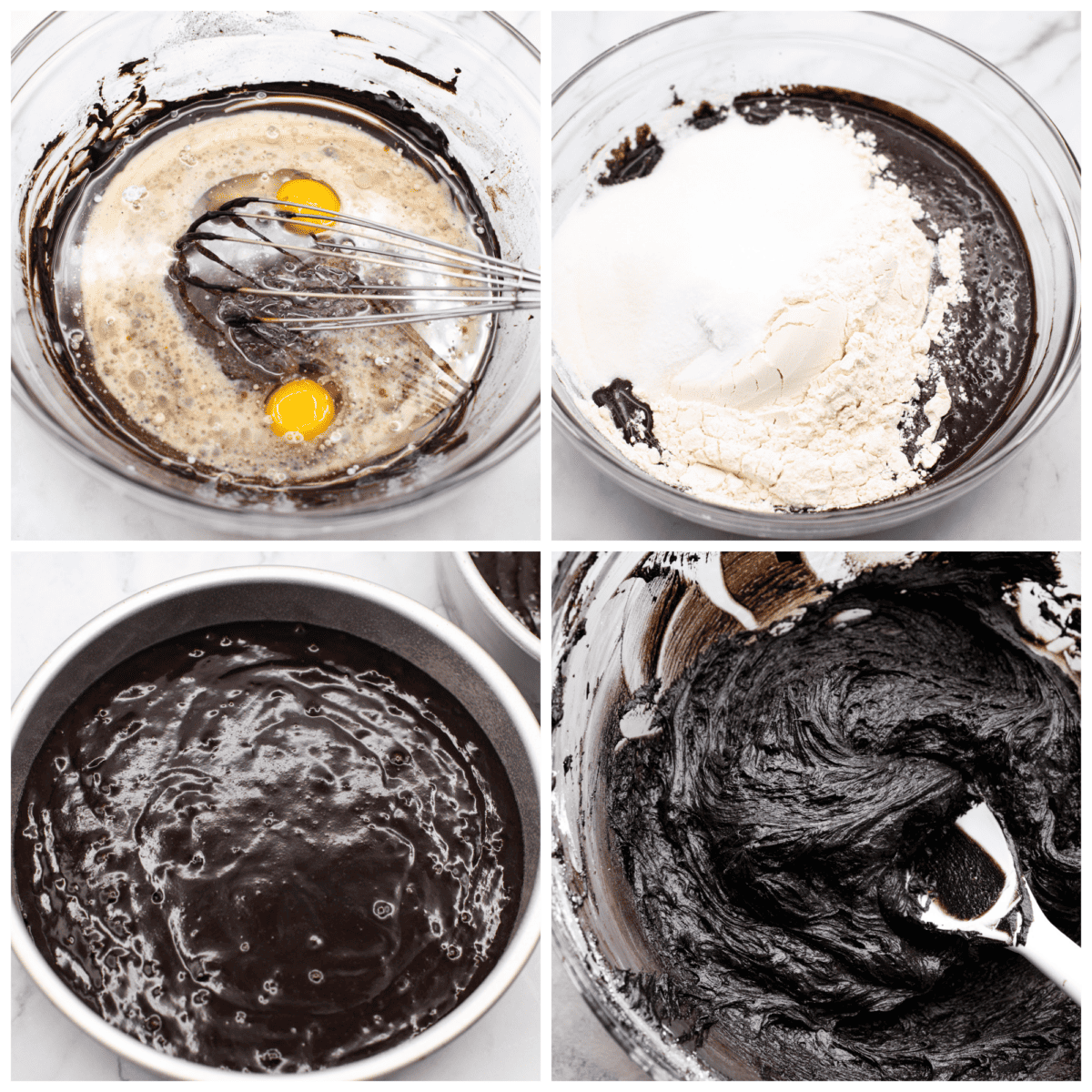 4-photo collage of the cake batter being mixed together.