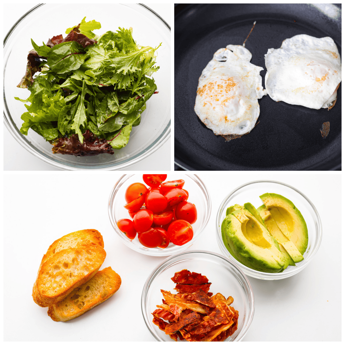3-photo collage of salad mix-ins, a bowl of lettuce, and 2 eggs being fried.
