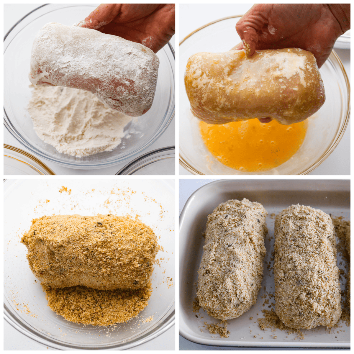 First photo of chicken rolled in the flour mixture. Second photo of the chicken rolled in butter. Third photo of chicken rolled in the breadcrumb mixture. Forth photo of the chicken placed in a baking dish.