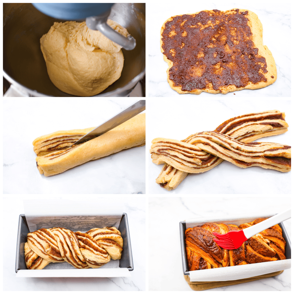 6 photos showing how to make the dough, twist it and add the filling.