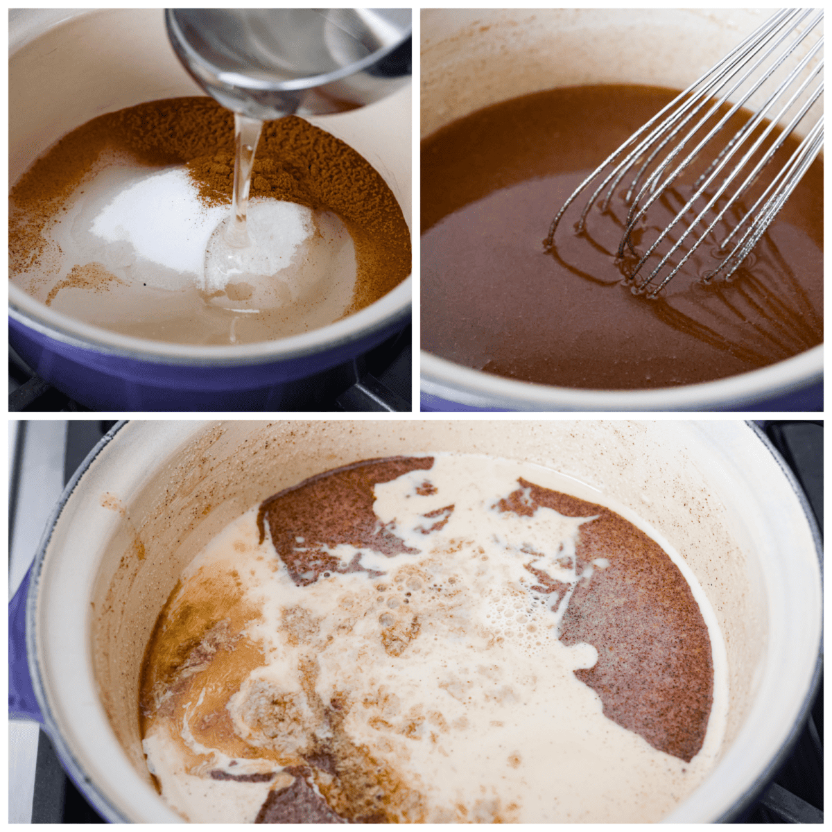 Overhead process shots of cinnamon syrup cooking on stovetop. 