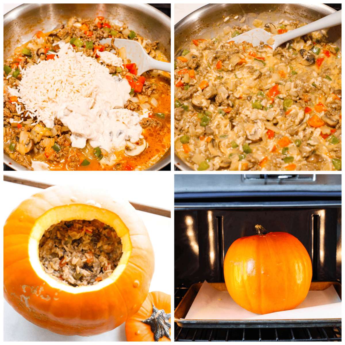 4-photo collage of the rice and sausage mixture being prepared, added to the pumpkin shell, and then baked.