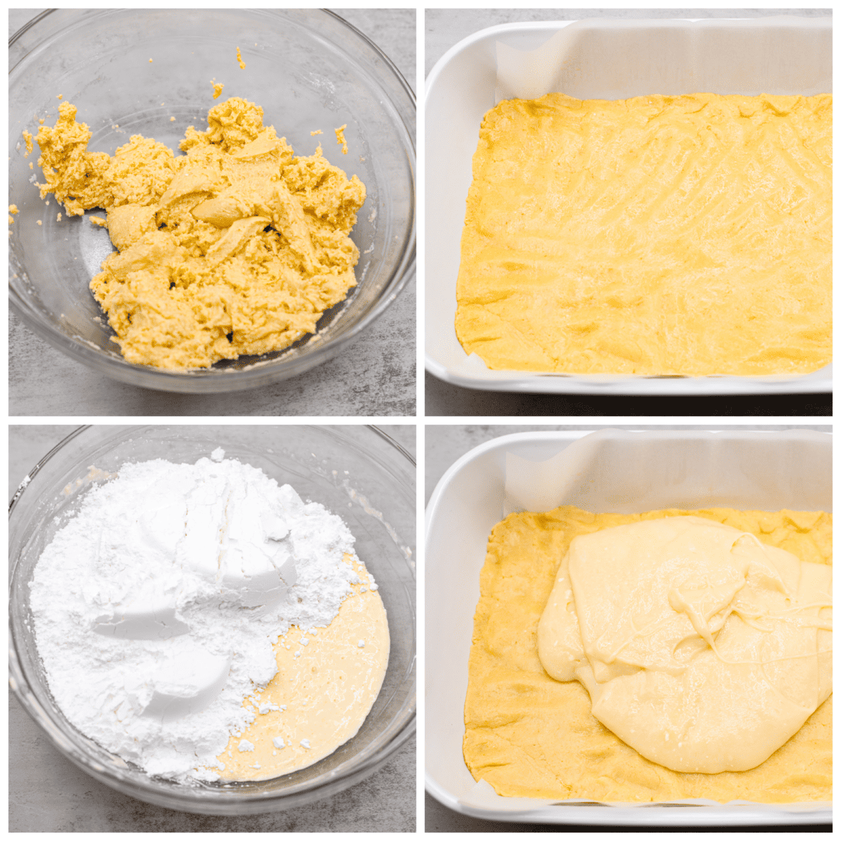 4-photo collage of the cake batter and topping being prepared.