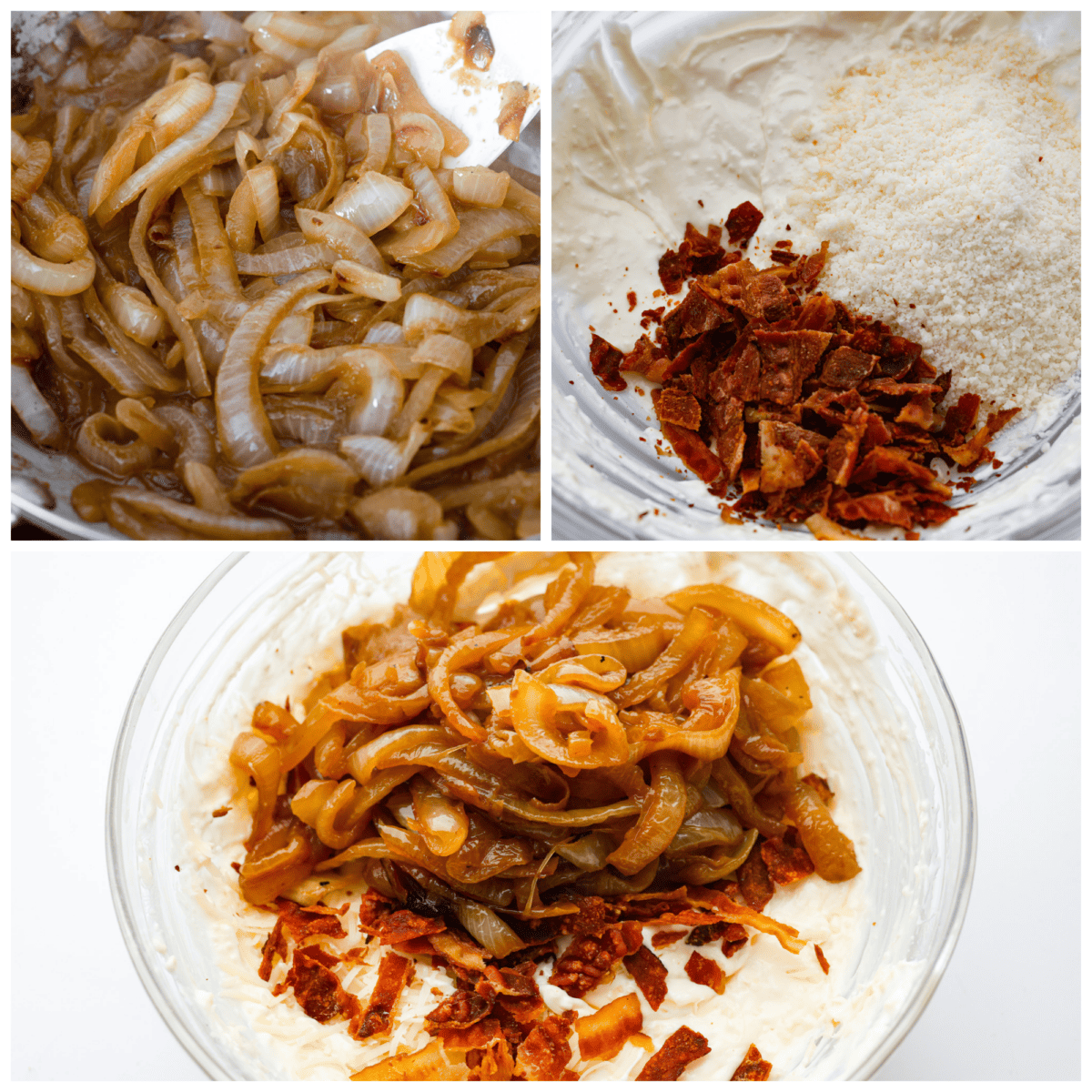 4-photo collage of the onions being caramelized and combined with the other ingredients.