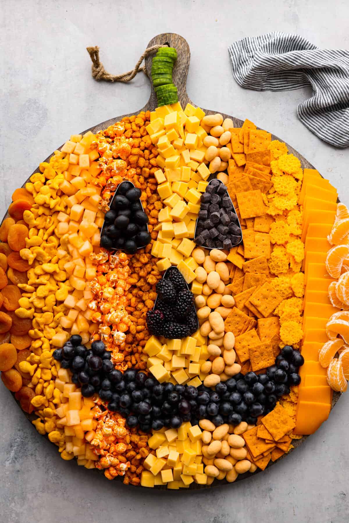 Top view of a pumpkin charcuterie board.