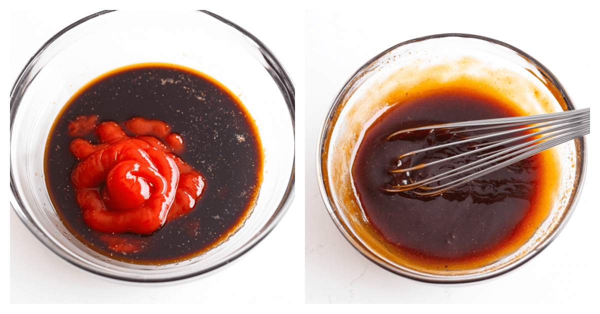 A 2-photo collage of ketchup, Worcestershire sauce, oyster sauce, garlic, and onion being mixed together until it's smooth and glossy.
