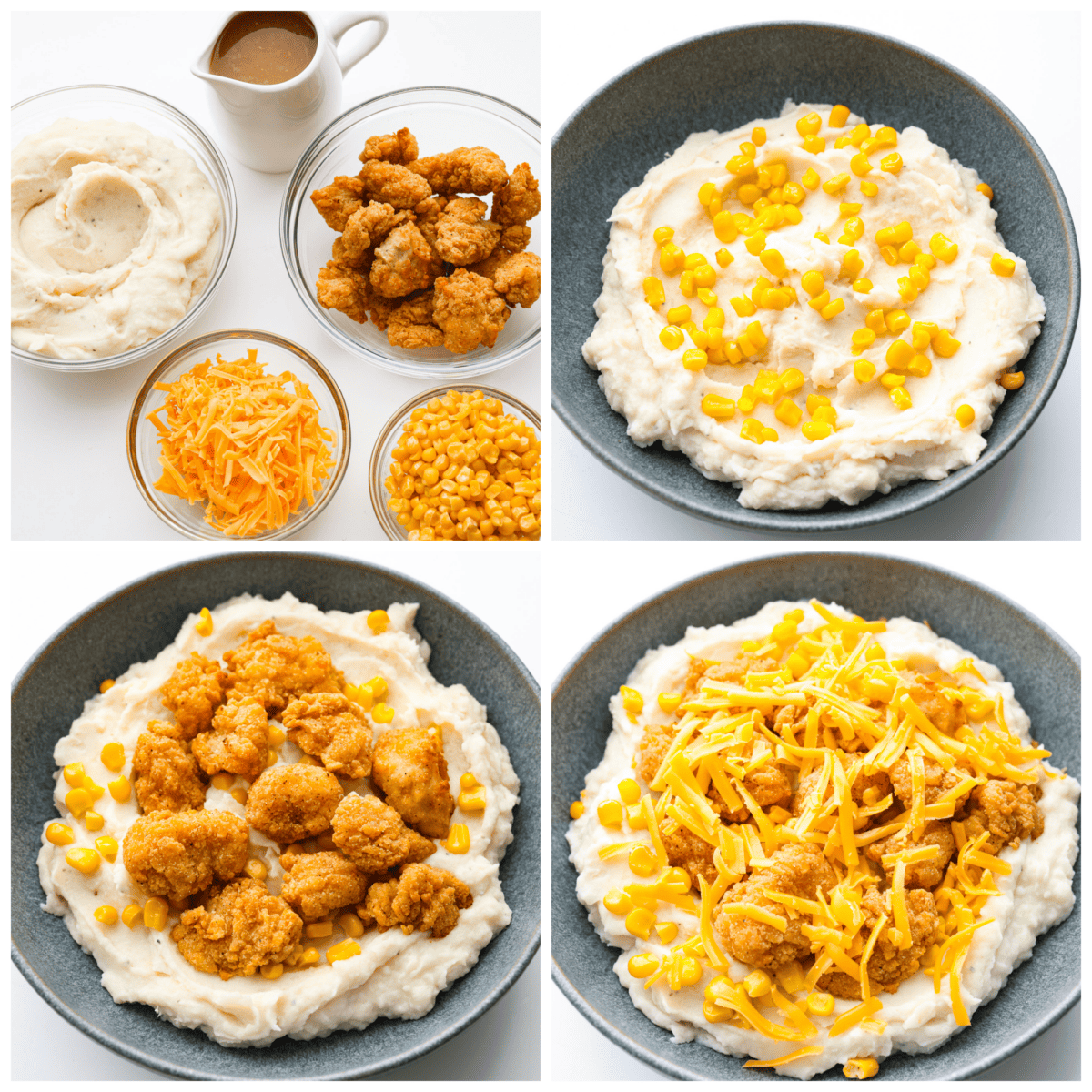 4-photo collage of a copycat KFC Famous Bowl being put together.