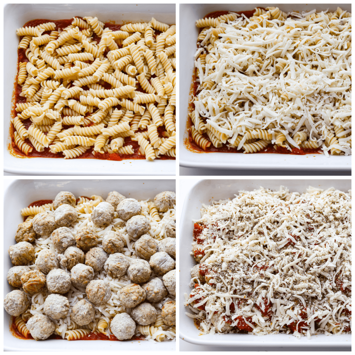 4-photo collage of frozen meatballs, cooked pasta, and cheese being added to a casserole dish.