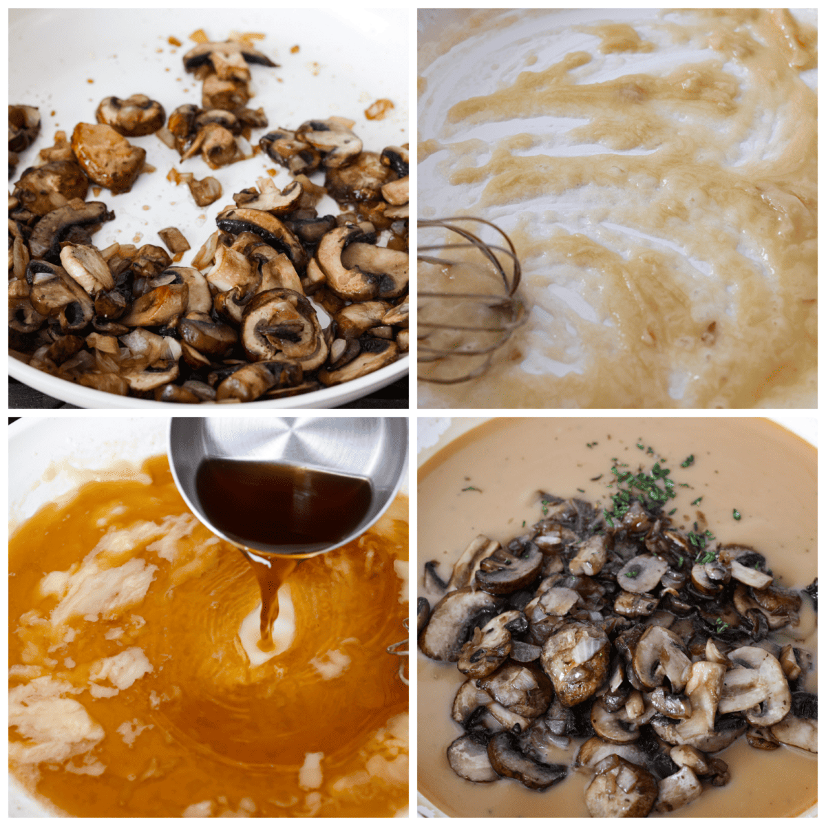 4-photo collage of the gravy ingredients being mixed together.