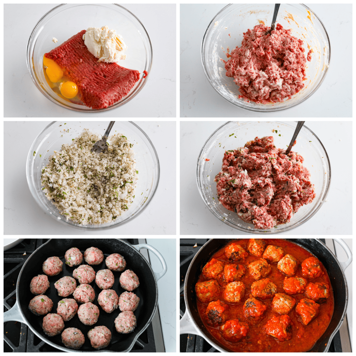 First photo of meat, ricotta, and eggs in a bowl. Second photo meat mixture combined. Third photo of the breadcrumb mixture combined. Fourth photo of meat and breadcrumb mixture combined. Fifth photo of meatballs browning in a skillet. Sixth photo of meatballs in a skillet with marinara sauce. 