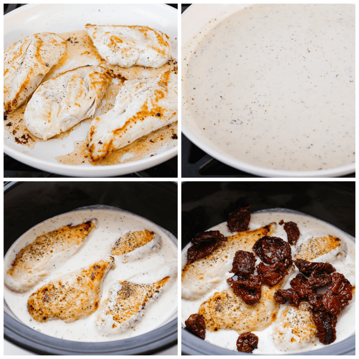 4-photo collage of the chicken being seared and then covered in a creamy sun-dried tomato sauce.