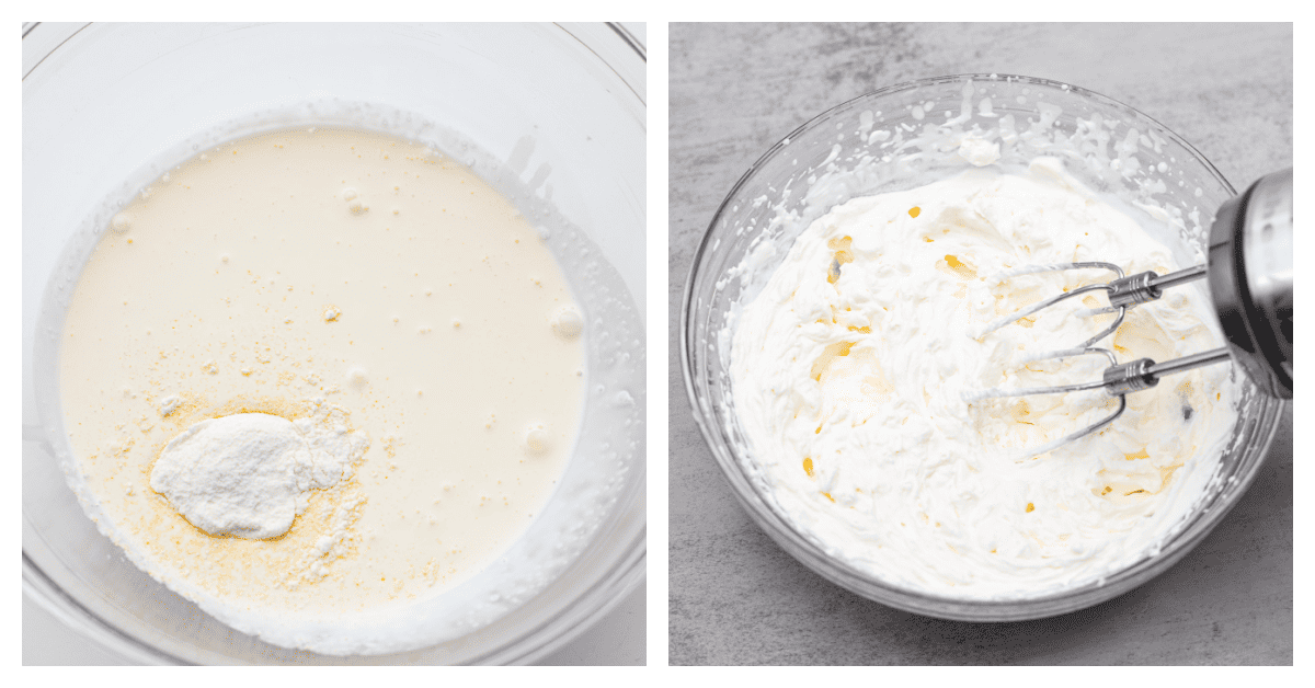कांच के कटोरे में क्रीम, पिसी चीनी और पुडिंग पाउडर की पहली तस्वीर।  क्रीम को फैंटते हुए हैंड मिक्सर की दूसरी तस्वीर।
