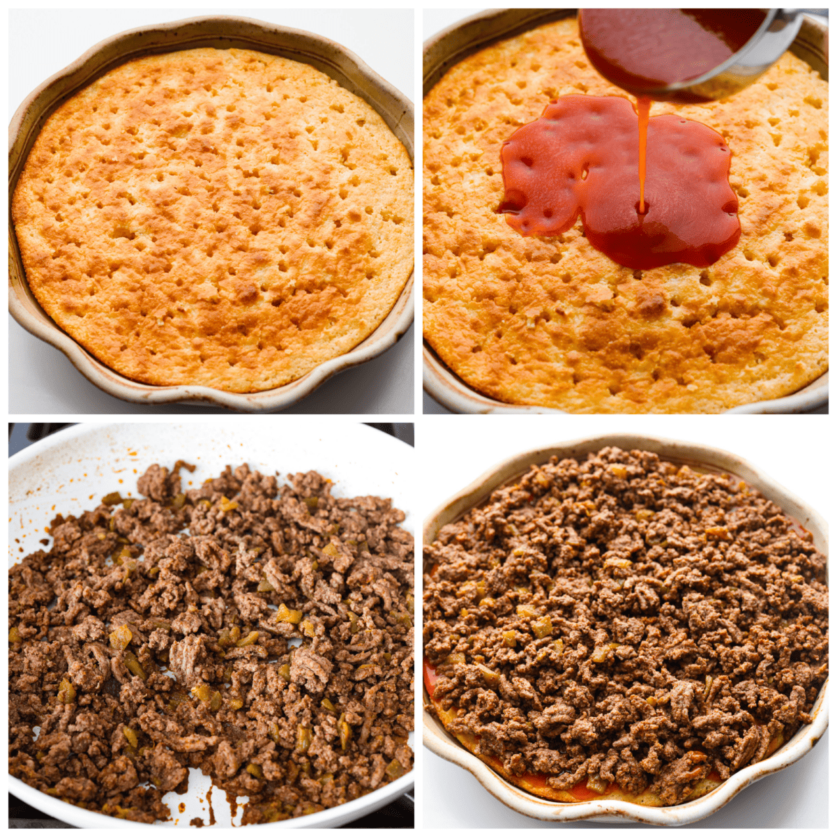 4 pictures showing how to make the pie, step by step. Adding on the sauce, cooking the meat and combining them together. 