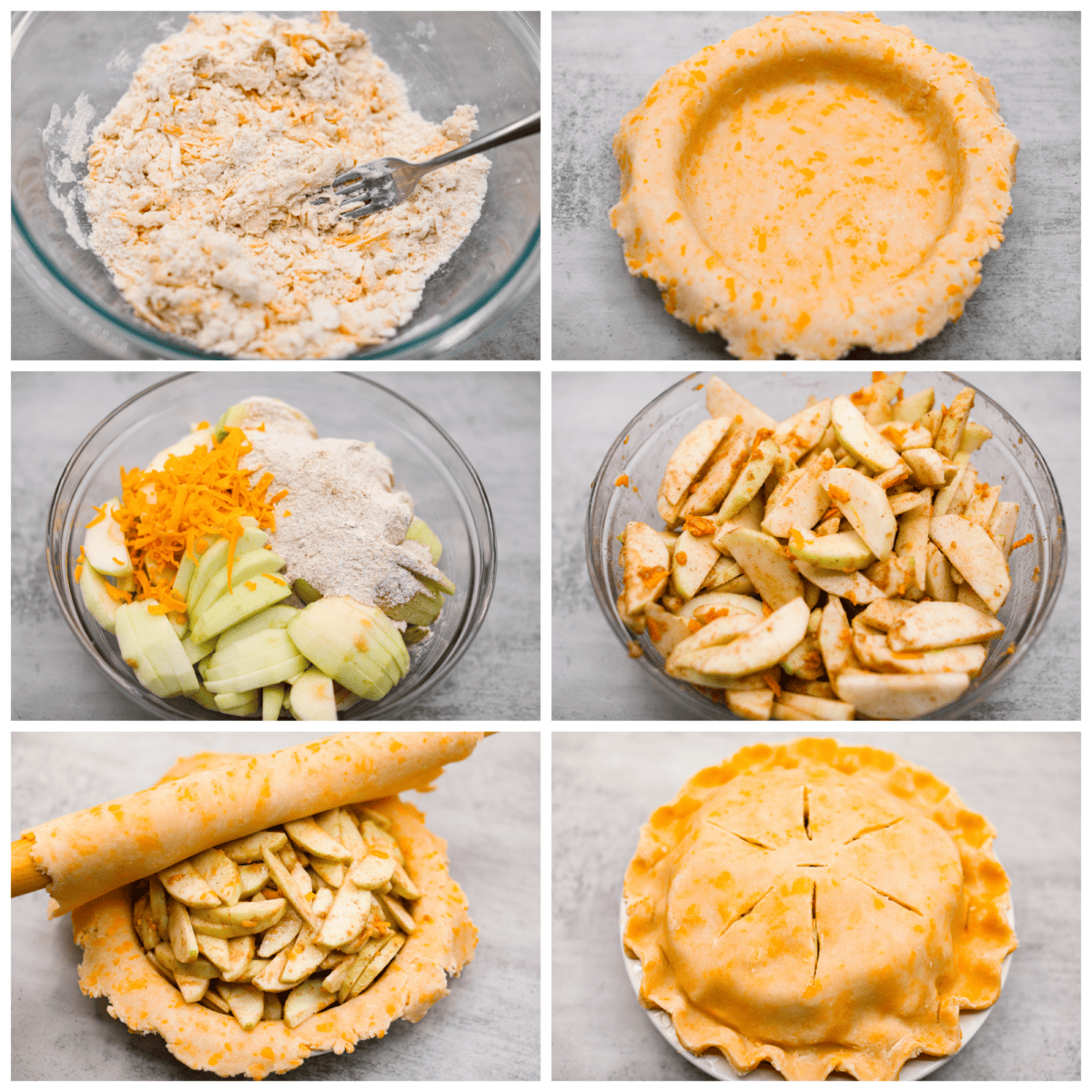 6 photos showing how to make the pie and put it together. 