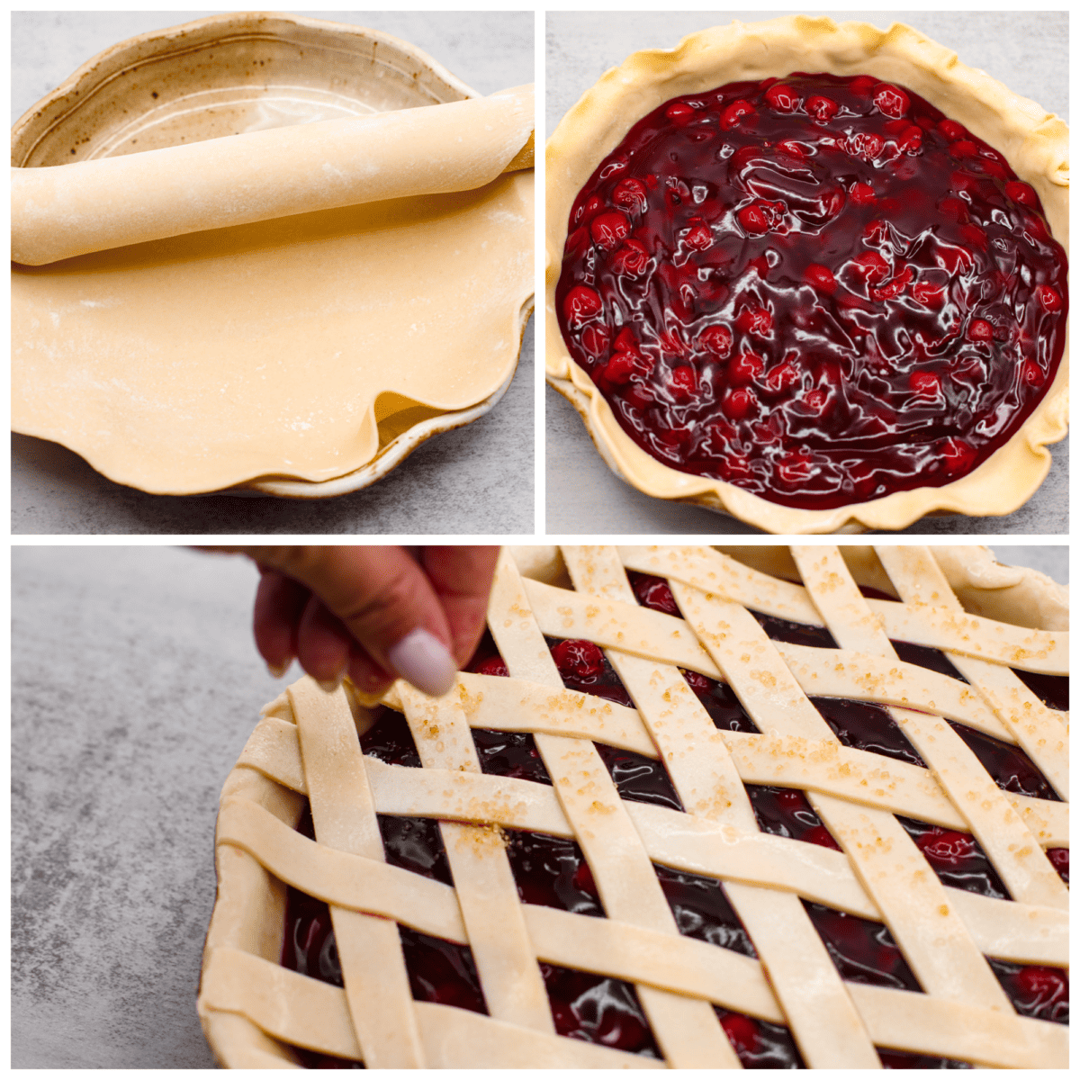 3-photo collage of an easy cherry pie being prepared. The crust is added to a pie pan, then filled with cherry filling and topped with a lattice crust.