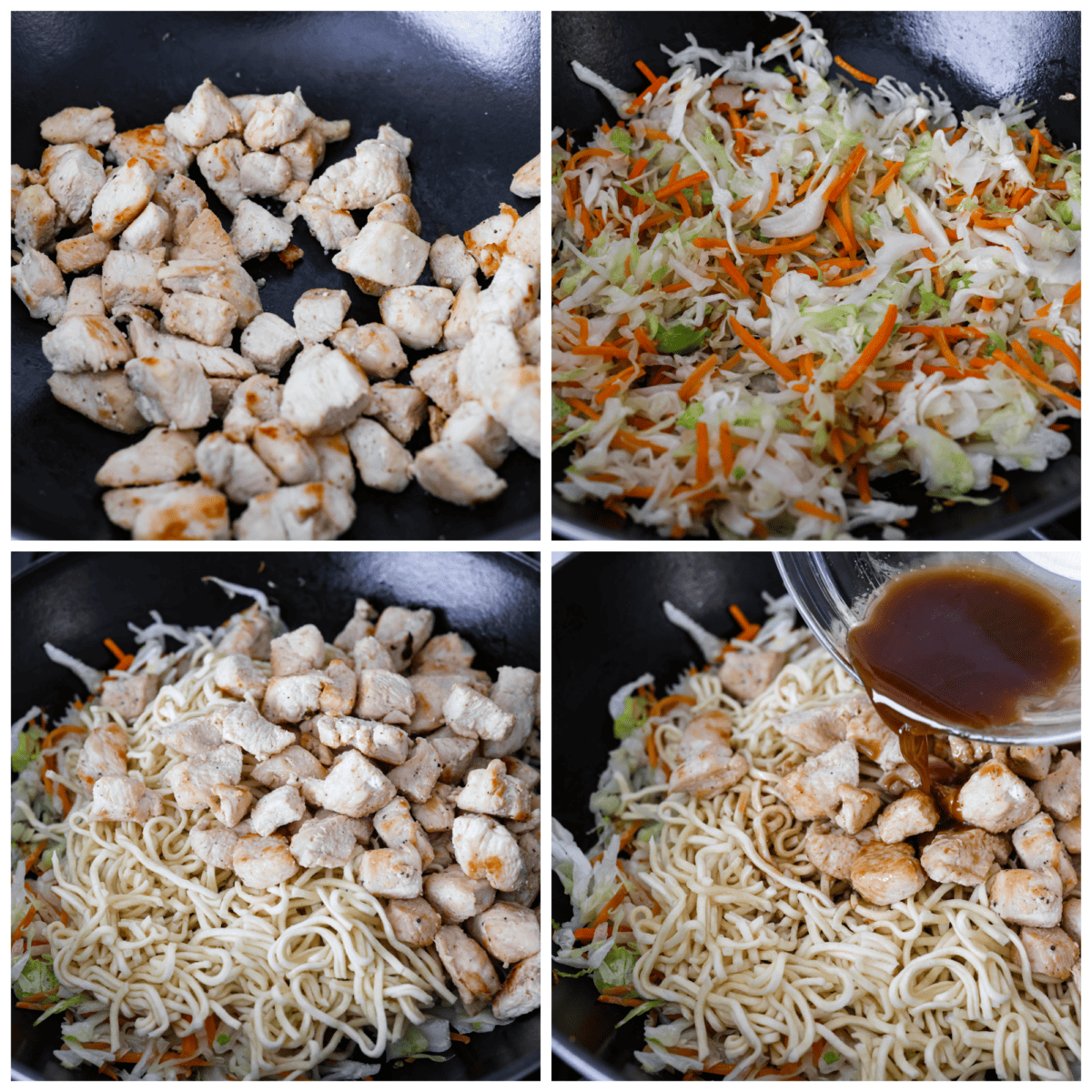 4-photo collage of all of the ingredients and sauce being mixed together and stir-fried.