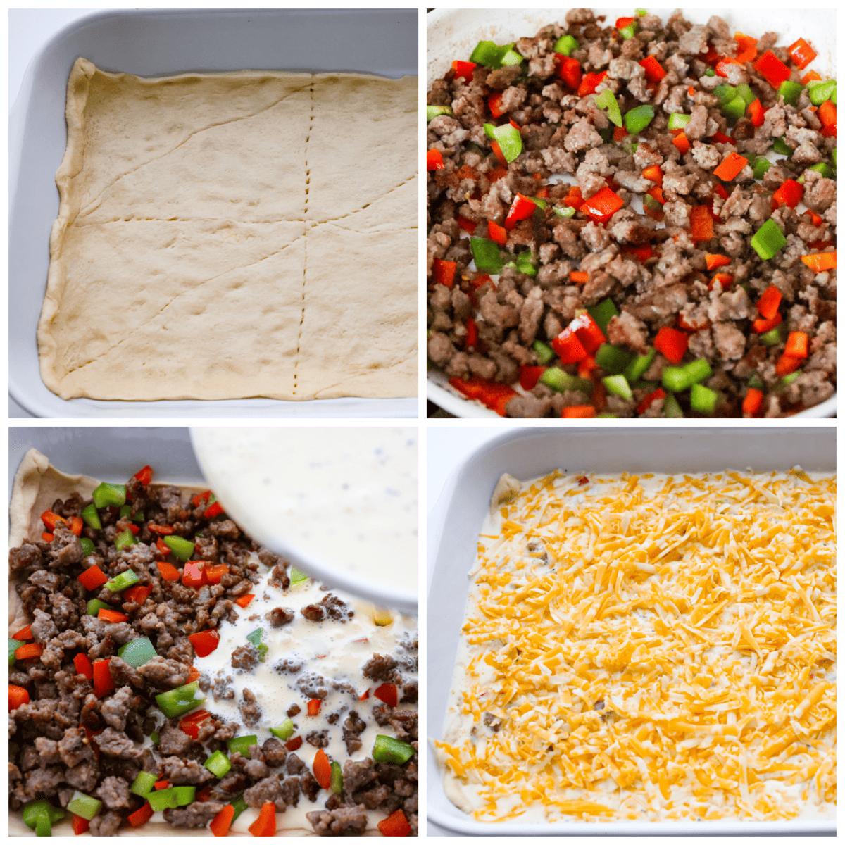 4-photo collage of the dough, sausage, eggs, and cheese being layered in a baking dish.