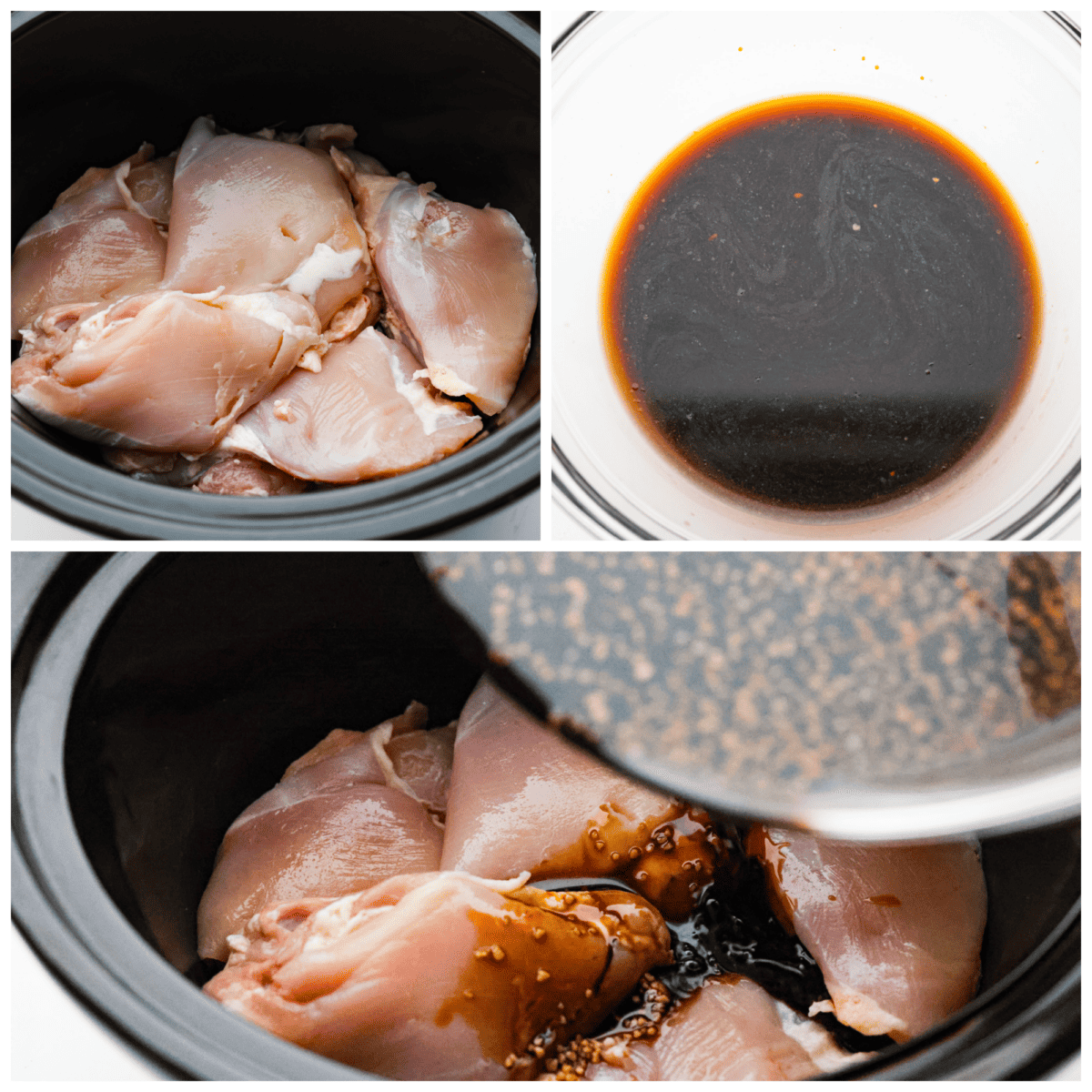 First process photo of chicken thighs placed in the bottom of a crockpot. Second process photo of the sauce mixed in a bowl. Third process photo of the sauce pouring over the chicken.