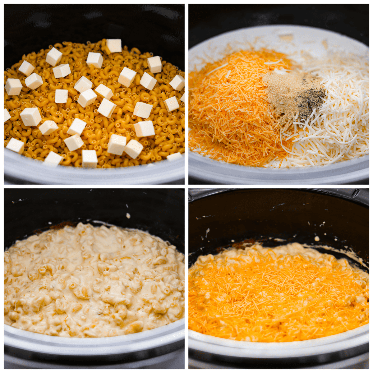 4-photo collage of macaroni and cheese ingredients being added to a slow cooker.