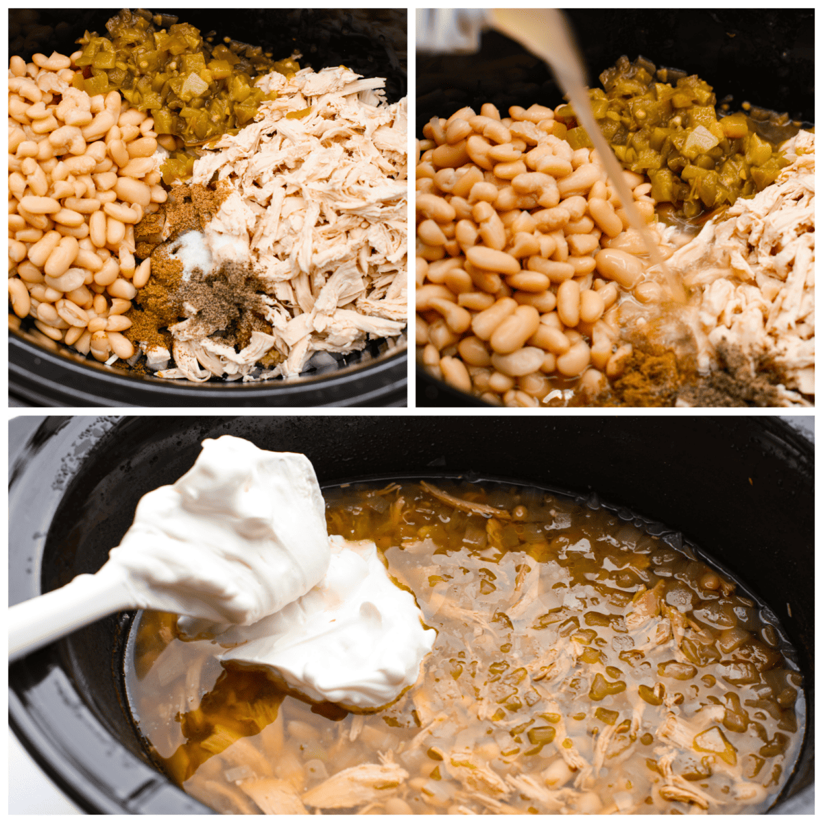 3 process photos showing how to add the ingredients in the crockpot, cook them and then add in the sour cream. 