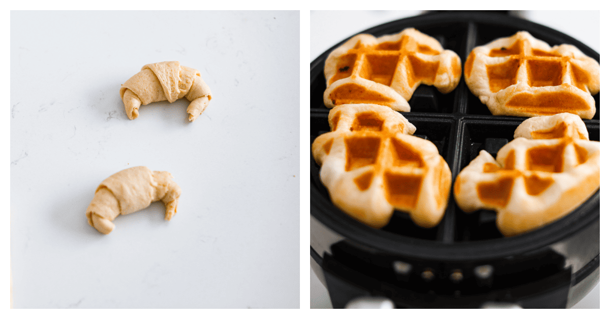 2-photo collage of croissant dough being put in a waffle maker.