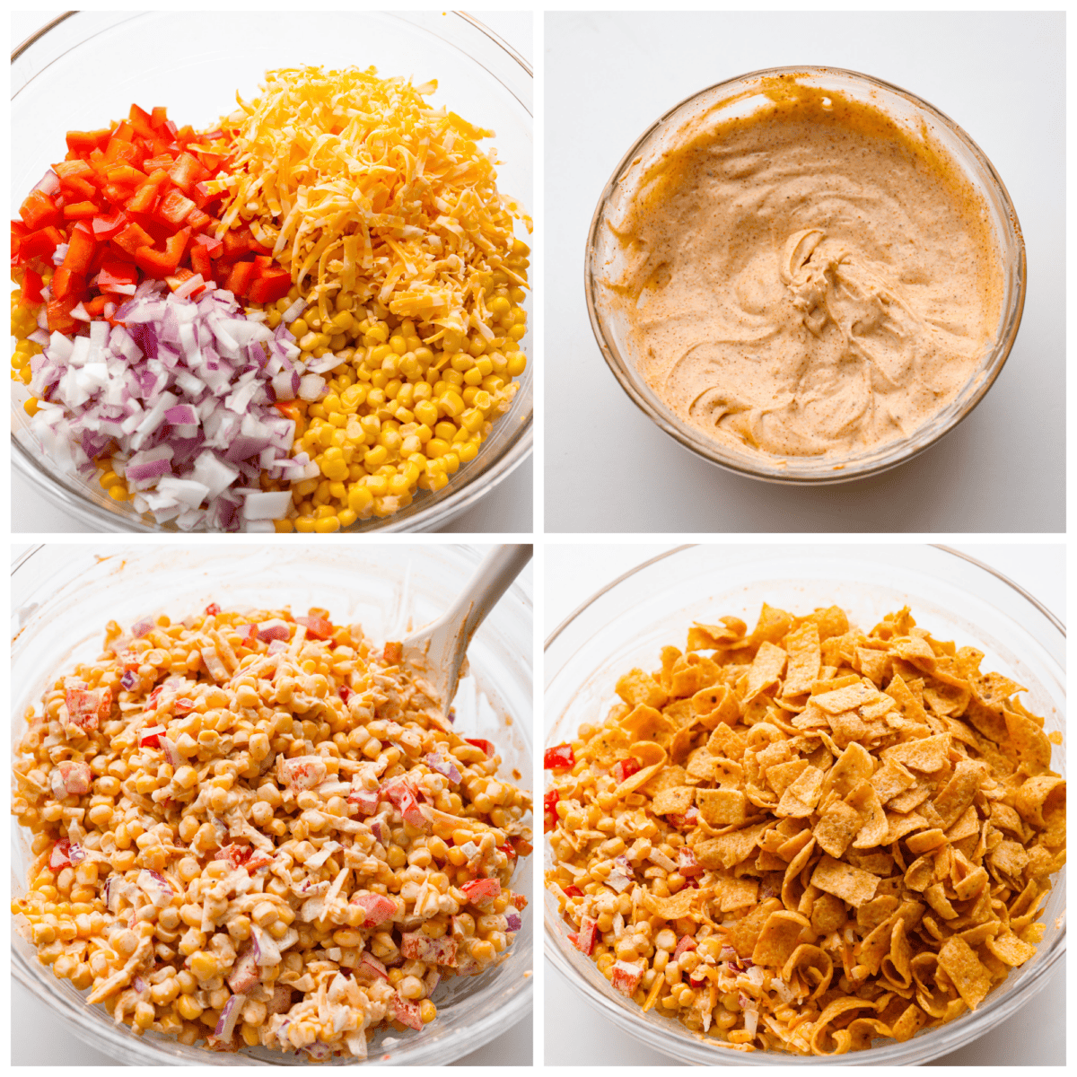 First photo of corn, peppers, cheese, and red onion in a large bowl. Second photo of dressing in a bowl. Third bowl of salad and dressing mixed together in a bowl. Fourth photo of corn chips added to the salad.