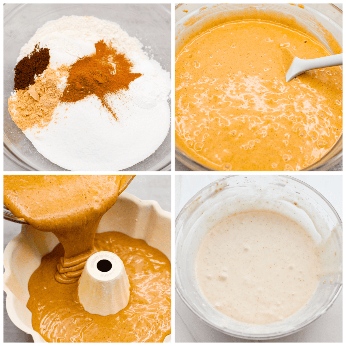 4-photo collage of the cake batter and glaze being prepared.