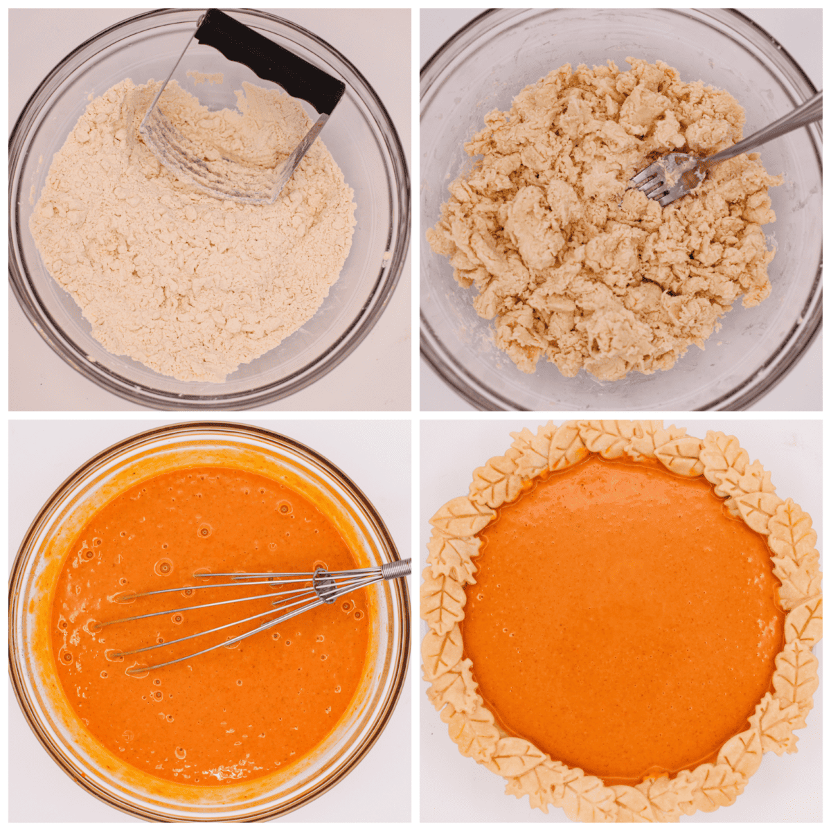 4-photo collage of preparing the crust and pumpkin pie filling.