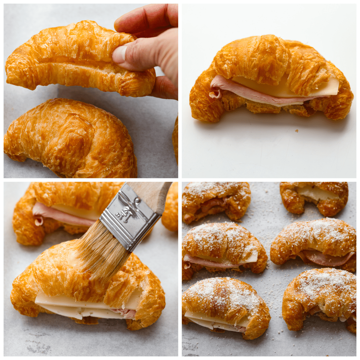 First photo of cutting the croissants. Second photo of the ham and cheese in the croissant. Third photo of brushing the tops of the croissants with melted butter. Fourth photo of parmesan cheese sprinkled on top of the croissants.