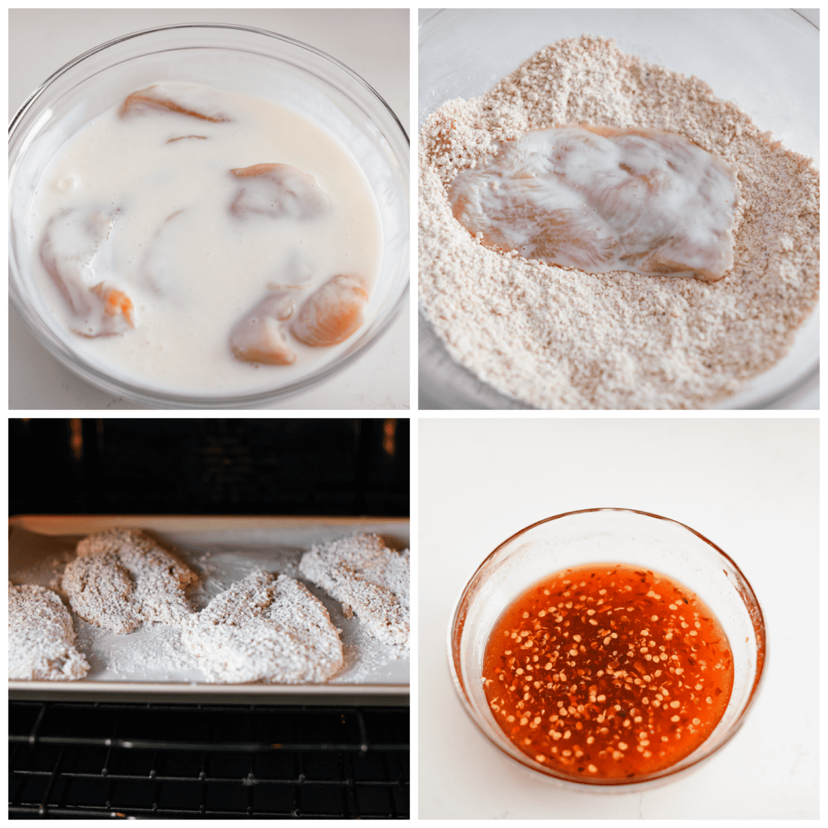 4-photo collage of the chicken being battered and the hot honey sauce being prepared.