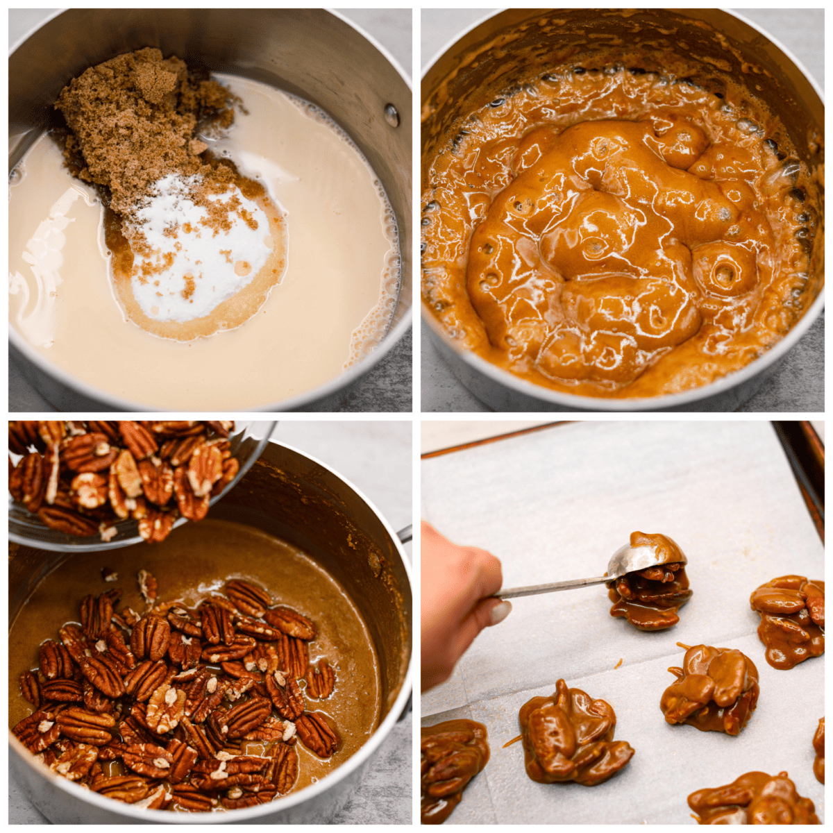 4 pictures showing how to cook the pecan pralines and then drop them onto a baking sheet with parchment paper. 
