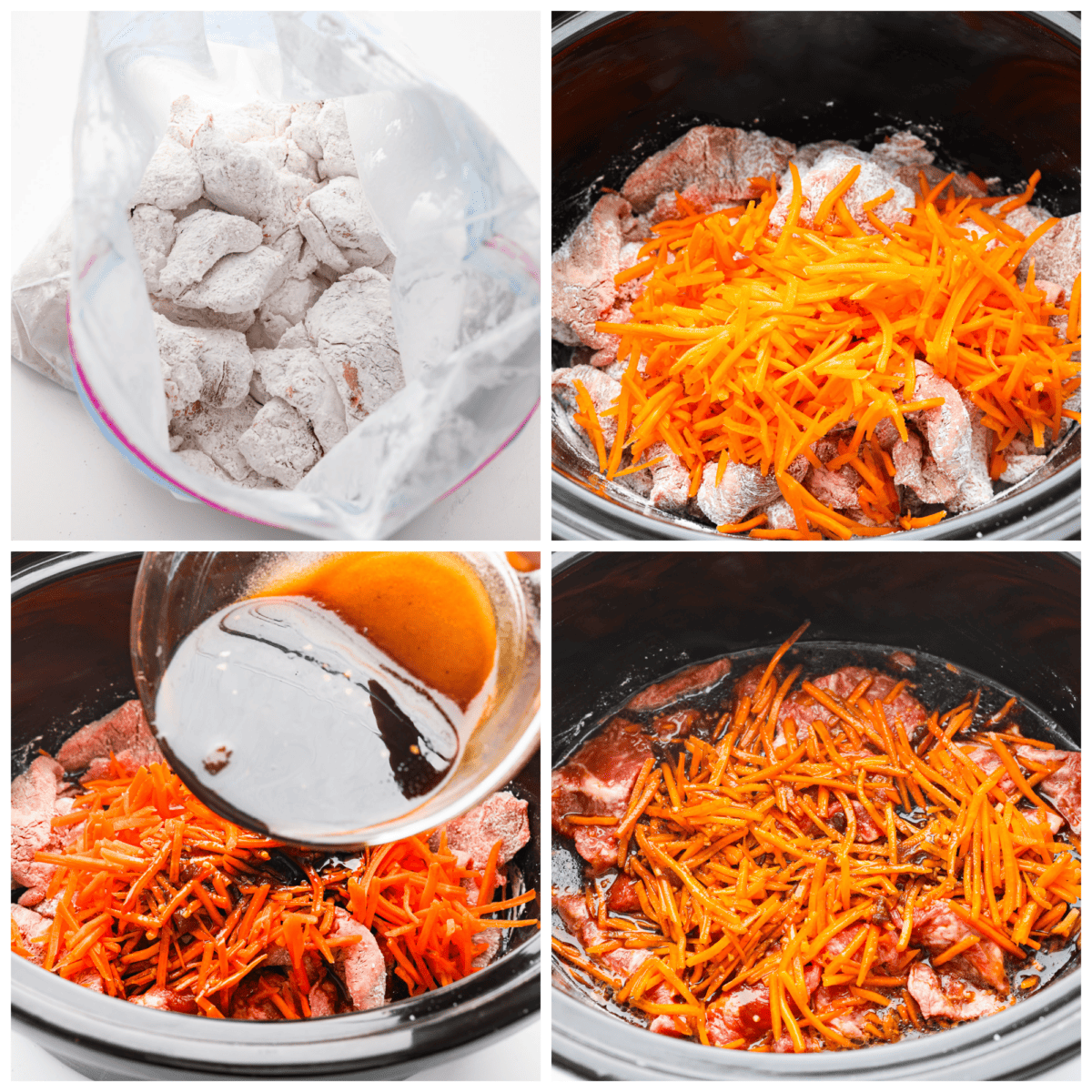 First photo of the whinge and cornstarch tossed together in a plastic bag. Second photo of cornstarch coated whinge and shredded carrots in a crockpot. Third photo of the sauce pouring in the crockpot. Fourth photo of the beef, carrots, and sauce in a crockpot.