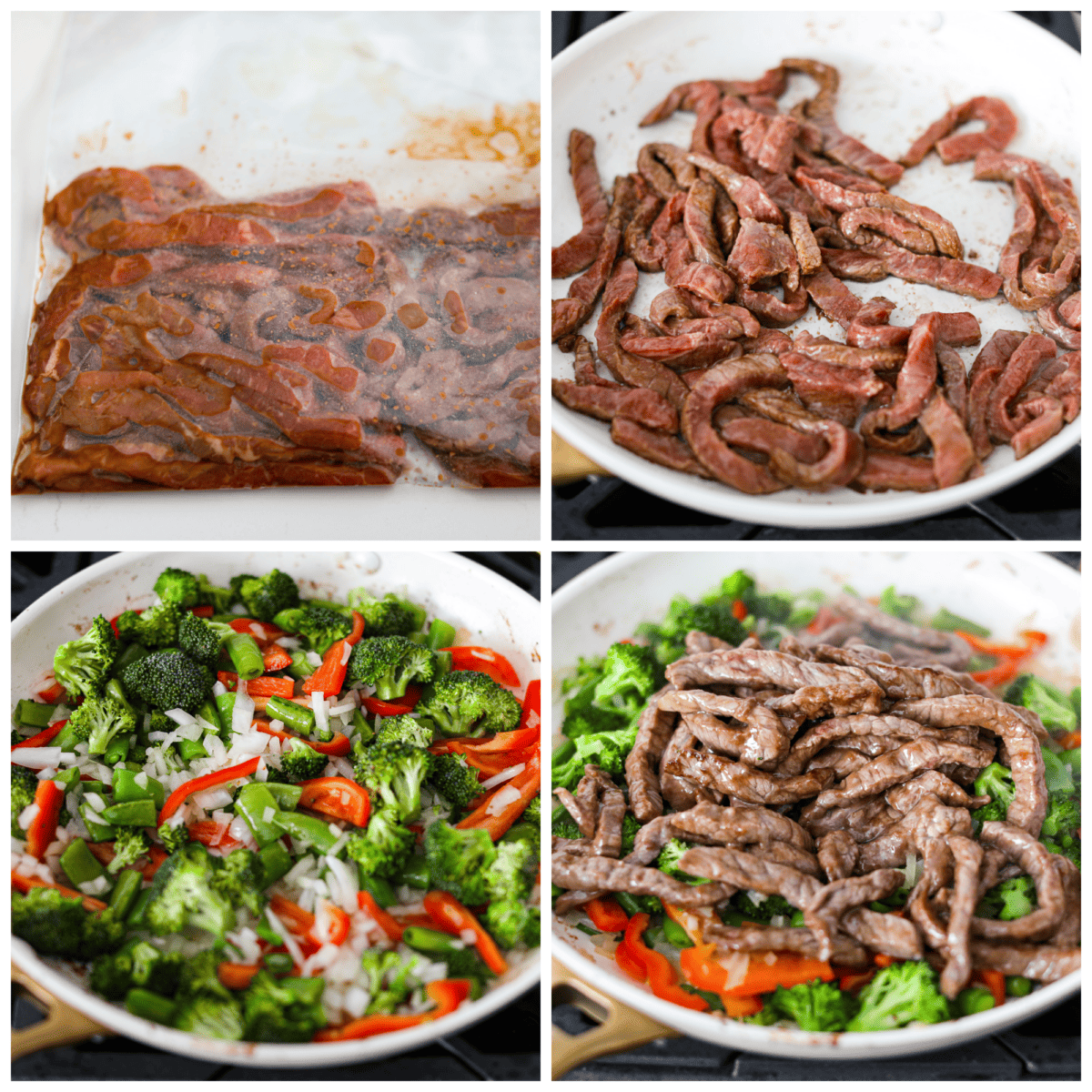 4-photo collage of the steak strips and vegetables being cooked in a skillet.