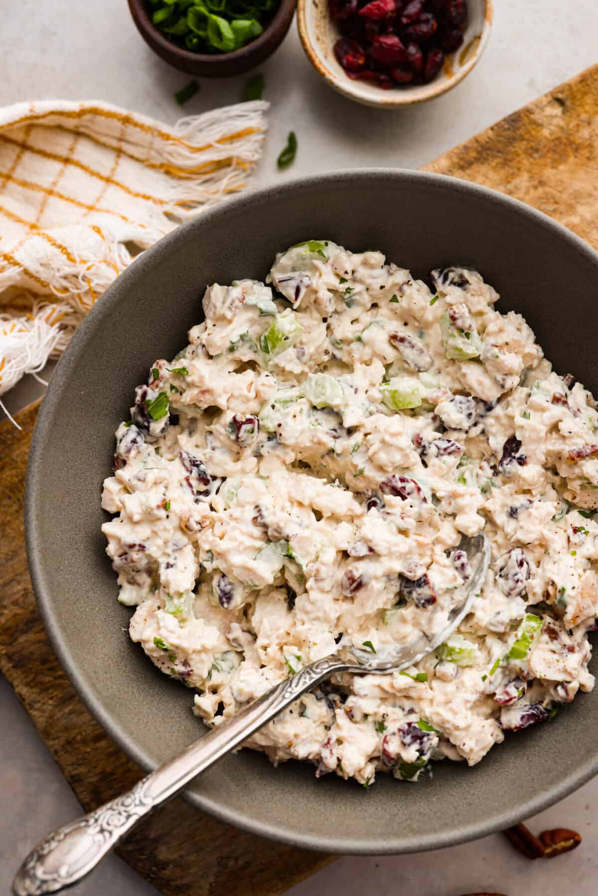 Turkey salad served in a gray bowl.