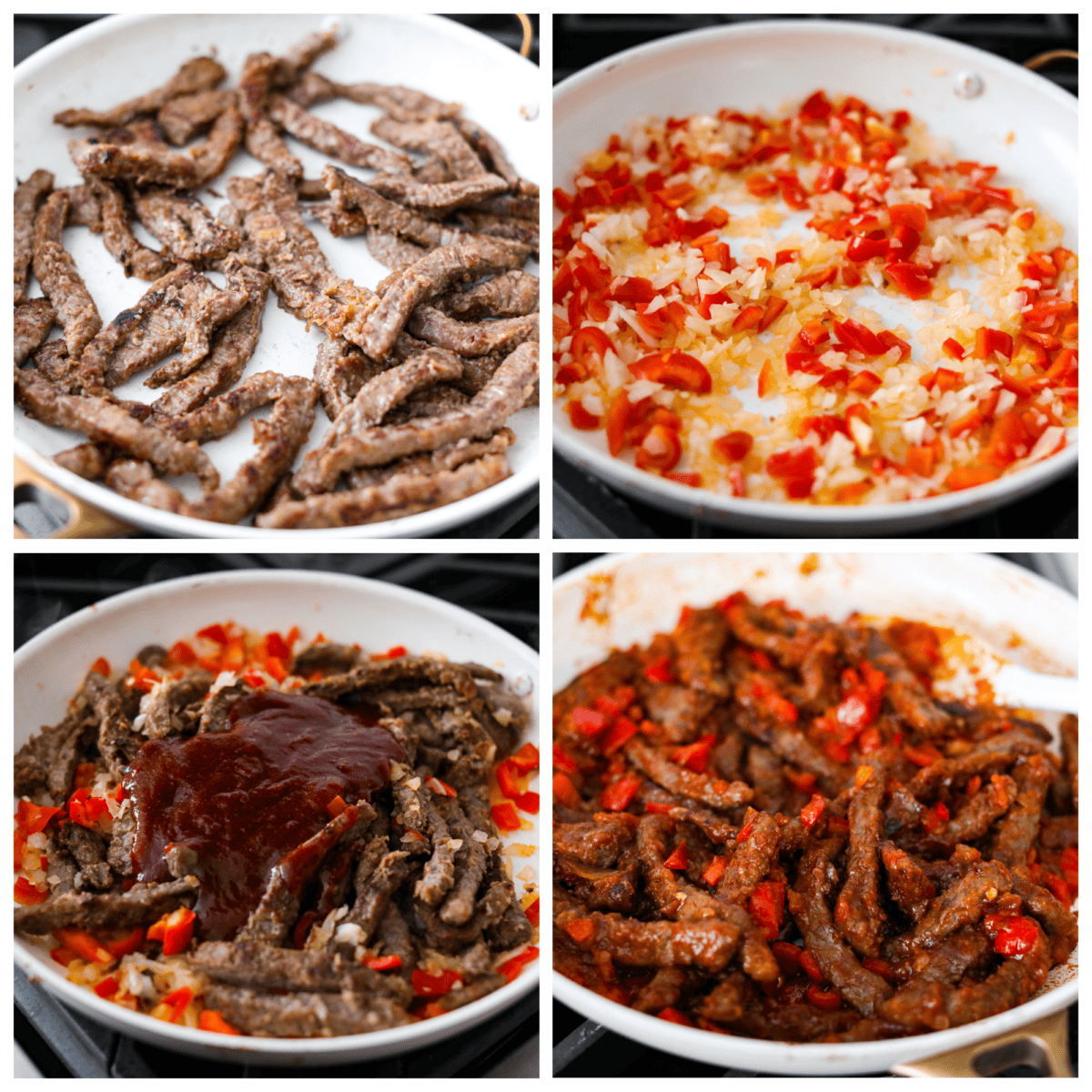 First photo of beef frying in a pan. Second photo of the peppers and onions cooking in a pan. Third photo of the beef, vegetables, and sauce in the pan. Fourth photo of the beef, vegetables, and sauce tossed together.