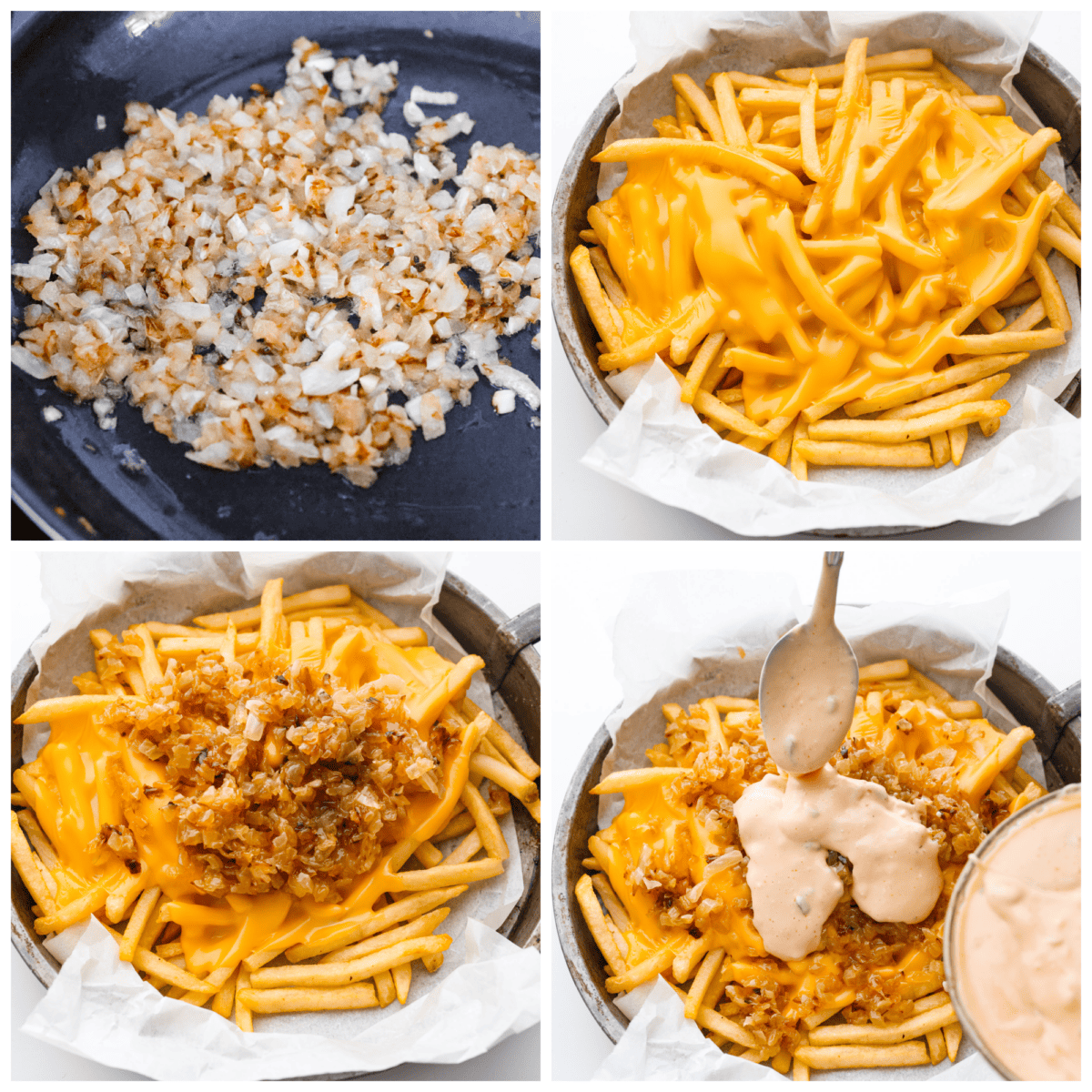 4-photo collage of the onions being caramelized and the toppings being added to the fries.