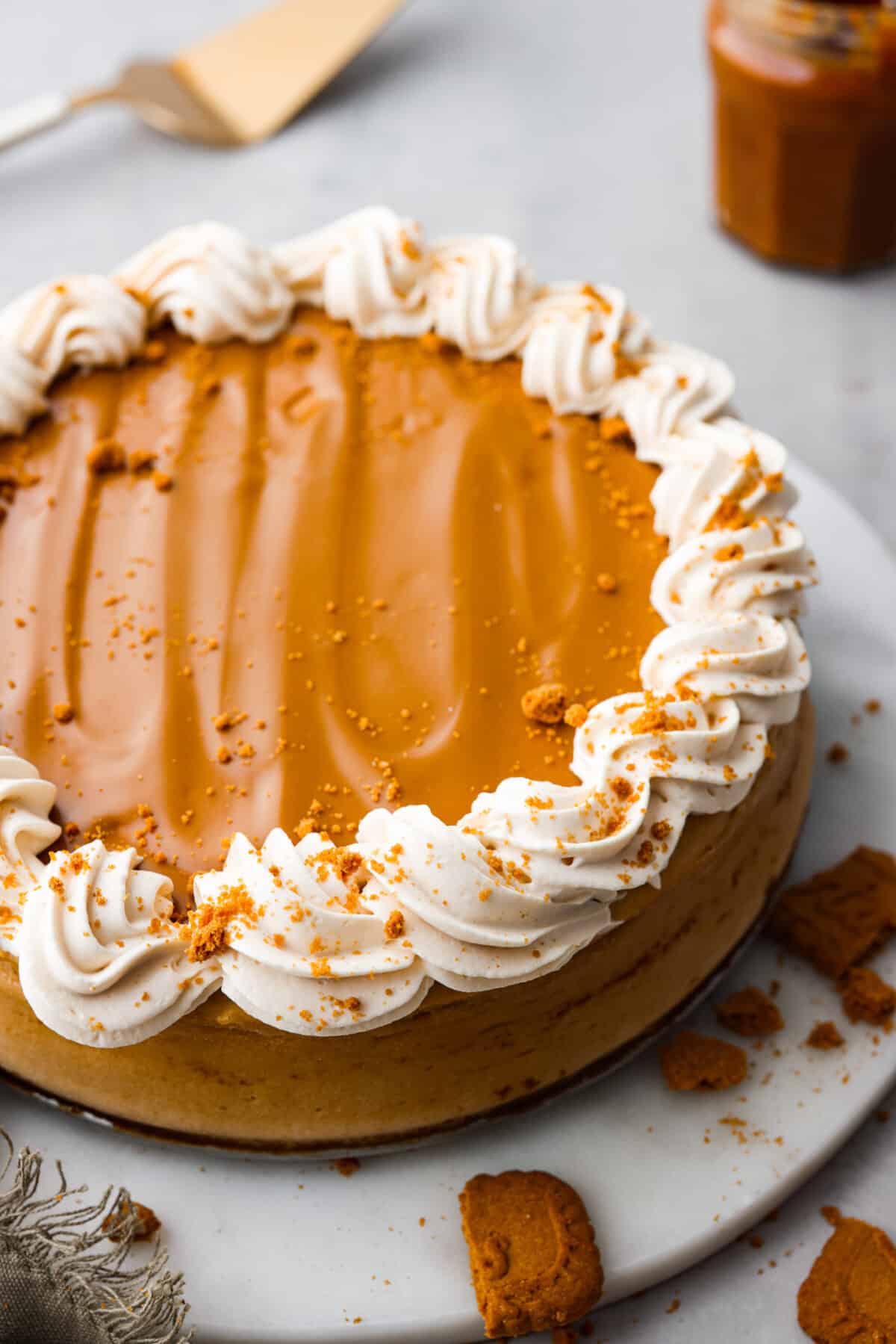 A whole Biscoff cheesecake with whipped cream on top.