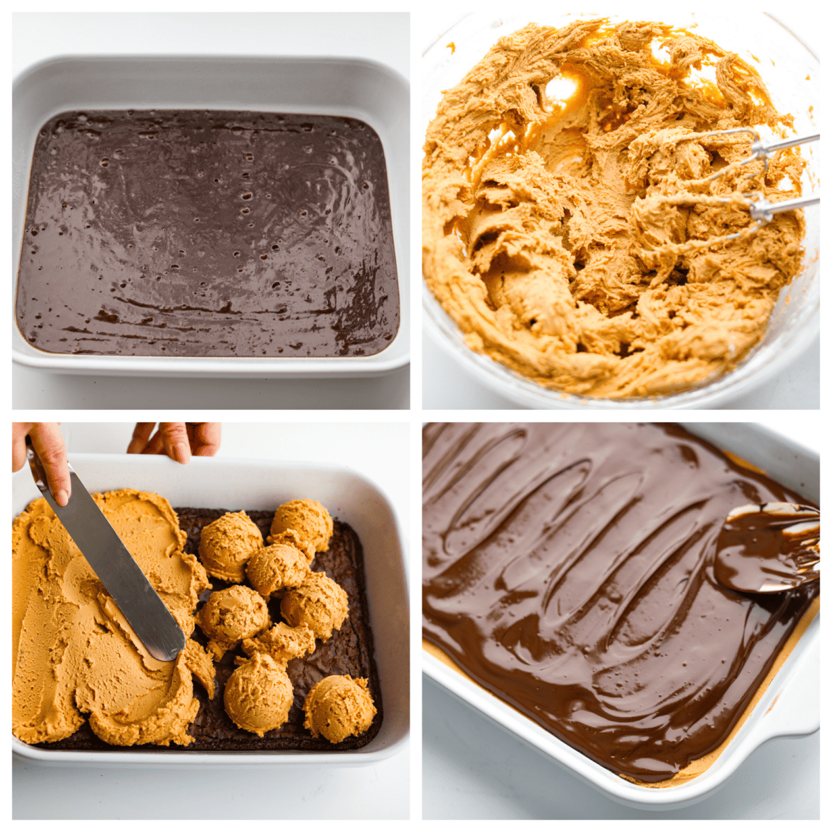 First photo of the brownie batter in the pan. Second photo of the peanut butter layer mixed in a bowl. Third photo of the peanut butter later spreading on the brownies. Fourth photo of the ganache spreading on the brownies.