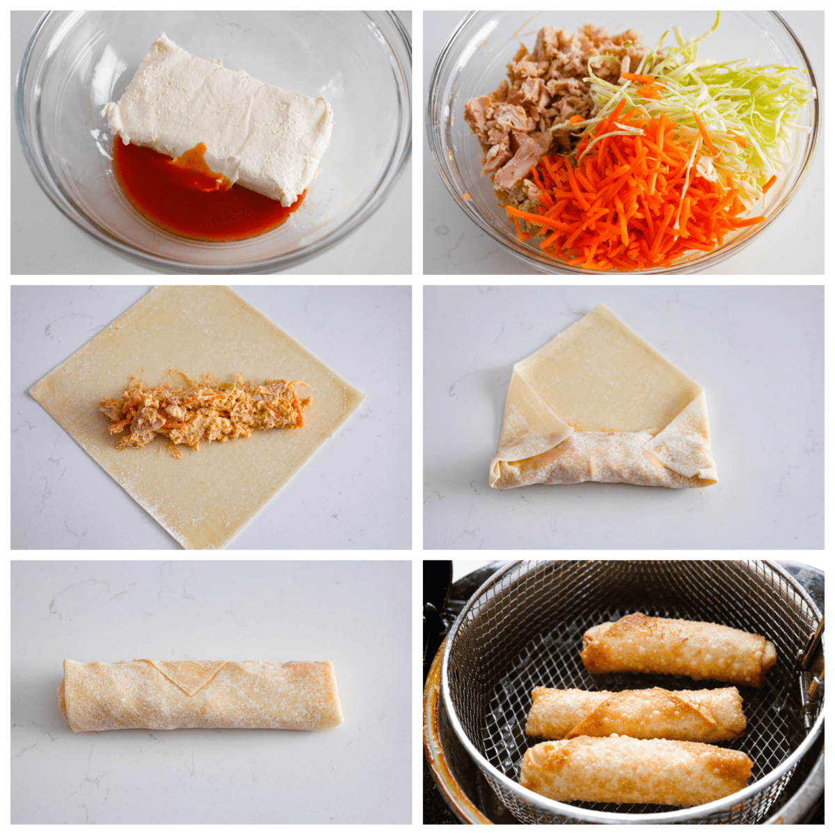 6 pictures in a collage showing the steps on how to assemble the egg rolls. 