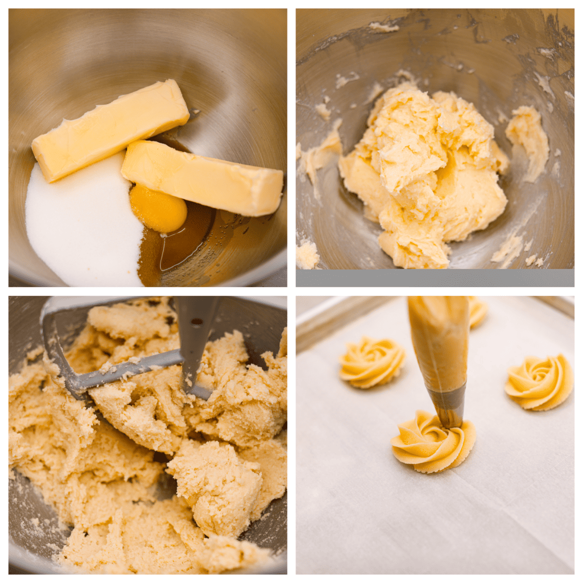 First photo of butter, sugar, egg, and vanilla in a mixing bowl. Second photo of the wet ingredients mixed together. Third photo of the dough mixed in a stand mixer. Fourth photo of piping the cookies on a pan. 